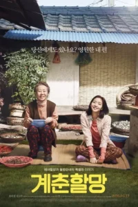 Duas mulheres,uma idosa e uma jovem,sorriem sentadas em frente a uma casa rústica com itens tradicionais. Clima acolhedor.