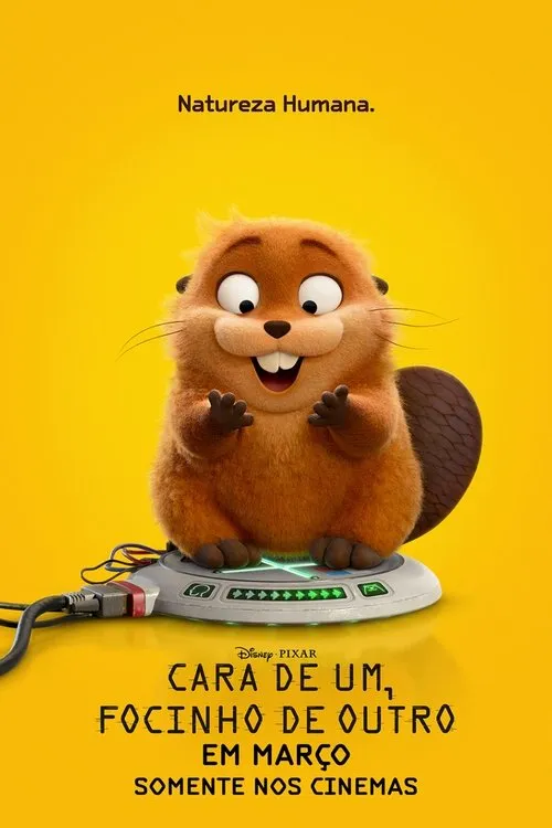 Cara de Um,Focinho de Outro 1 Castor animado marrom e fofo,com olhos arregalados e dentes grandes,sentado num aparelho futurista. Fundo amarelo vivo.