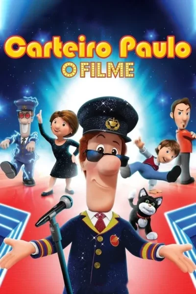 Pôster animado. Carteiro cantor de óculos escuros no palco com microfone. Outros personagens dançam sob luzes vibrantes. Gato preto presente.