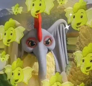 Criatura elefante cinza com crista, cercada por cabeças de elefante verde aladas e brilhantes. Fundo de montanhas e campo.