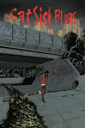 Criatura de máscara de gato com olhos brilhantes segura cabeça sangrenta num esgoto urbano sombrio. Prédios iluminados ao fundo.