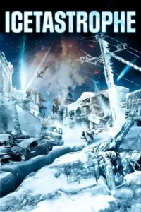 Pôster: cidade desolada, coberta por gelo e neve. Prédios em ruínas, veículos destruídos, avião caindo sob um céu dramático com luzes.