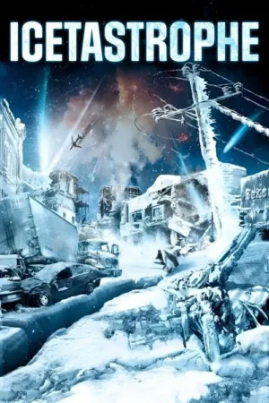Pôster: cidade desolada, coberta por gelo e neve. Prédios em ruínas, veículos destruídos, avião caindo sob um céu dramático com luzes.