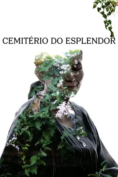 Pôster surreal: idosa com dupla exposição de folhagens verdes e flores. Pequenos dinossauros e felino entre as plantas. Clima etéreo.