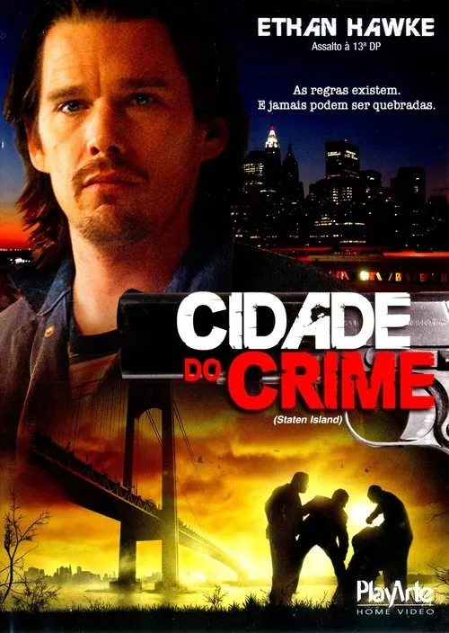 Homem sério com bigode. Ao fundo,cidade noturna e ponte em tons quentes. Uma arma e silhuetas de homens indicam crime urbano e ação.