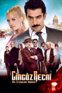 Pôster com homem de bigode e mulher loira em destaque. Equipe diversa,fundo urbano com cúpula e perseguições,clima de mistério/ação.