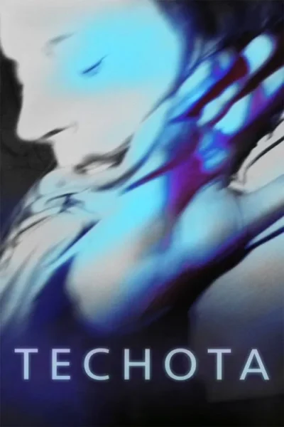 Pôster: Rosto sereno de perfil e mãos envoltas em luzes azuis e roxas intensas. Estilo etéreo, misterioso e futurista.