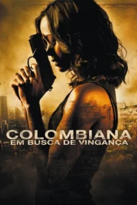 Mulher de perfil segurando arma contra o rosto. Ao fundo,arranha-céus e favelas. Clima sombrio em tons sépia.