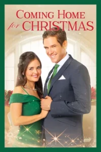 Casal sorridente e elegante,ele de terno,ela de vestido verde,em cenário festivo de inverno com janelas e brilhos. Clima romântico.