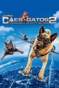 Cão e gato espiões em óculos de aviador voam sobre uma cidade à noite. O cão está em hoverboards,o gato com jetpack,e um pombo os acompanha.