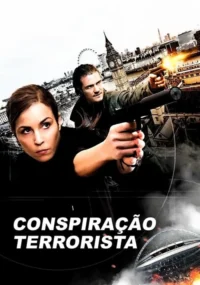 Pôster com mulher e homem sérios com armas,ele atirando. Cenário de Londres com Big Ben e explosão. Clima de ação intensa.