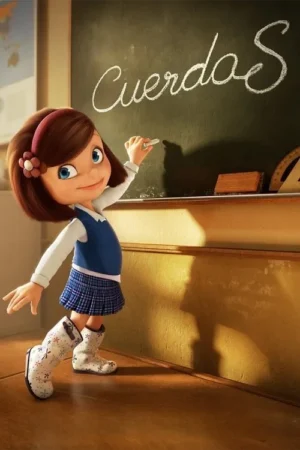 Jovem menina animada de uniforme escolar sorri enquanto escreve com giz na lousa de uma sala de aula iluminada.