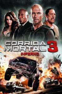 Pôster de ação:Quatro personagens sérios (1 mulher,3 homens) sobre carros blindados explodindo em um cenário caótico.