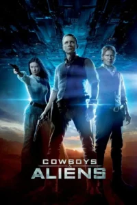 Três cowboys (2 homens,1 mulher) armados,com uma nave alienígena azul no céu e deserto avermelhado abaixo. Fusão de Velho Oeste e ficção científica.