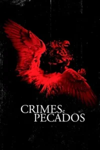 Estátua de anjo vermelho com asas estendidas,contra um fundo preto granulado. Clima de mistério e drama.
