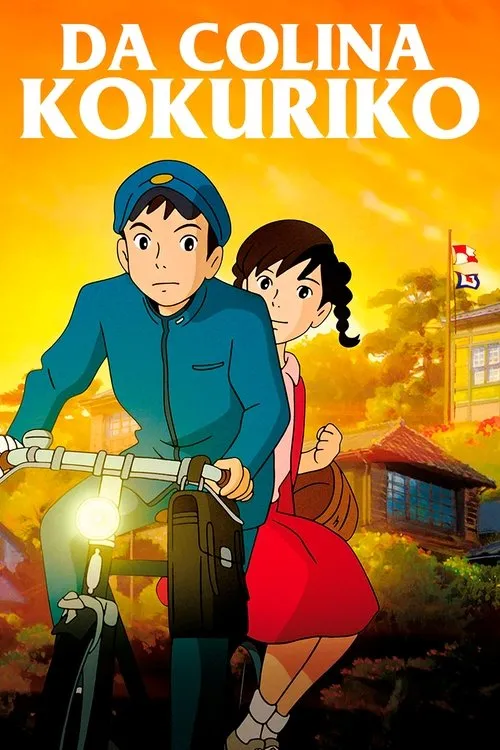 Garoto anime de uniforme azul pedalando bicicleta,com garota de vestido vermelho na garupa. Edifícios e céu laranja-dourado.