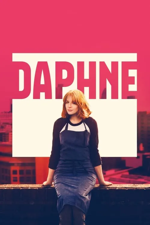 Daphne 1 Jovem ruiva com avental,sentada em beiral com sorriso sutil,à frente de um horizonte urbano estilizado em tons rosa.