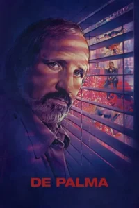 Homem barbudo observa fixamente através de persianas. Pelas frestas,cenas dramáticas e de ação em estilo neon roxo/vermelho.