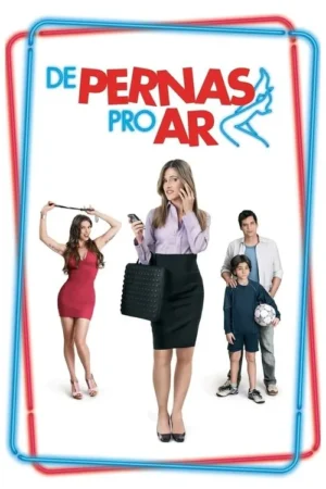 Pôster: Mulher de negócios ocupada, mulher sexy com chicote, e pai com filho jogador. Fundo branco, clima cômico.