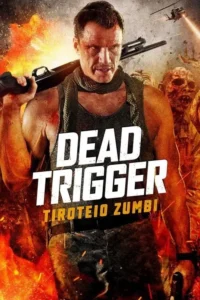 Homem musculoso com rifle,semblante sério,entre explosões e hordas de zumbis. Um helicóptero paira ao fundo,clima caótico.