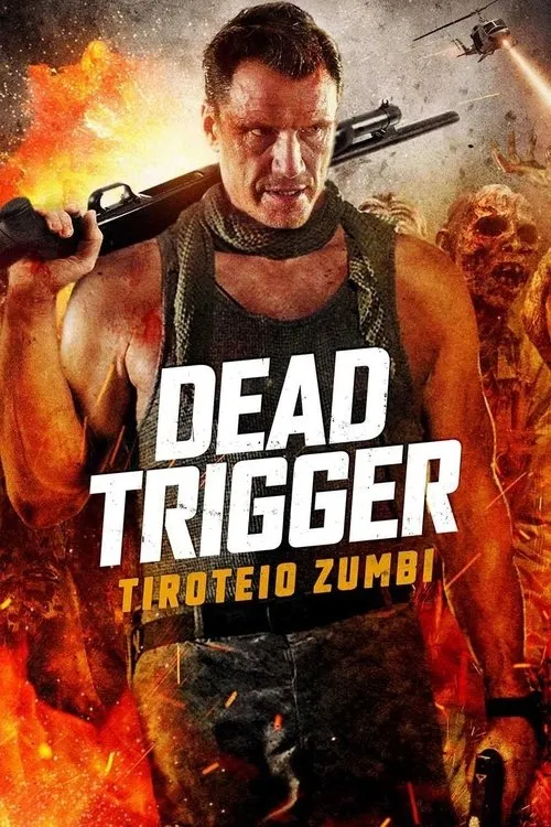 Dead Trigger:Tiroteio Zumbi 1 Homem musculoso com rifle,semblante sério,entre explosões e hordas de zumbis. Um helicóptero paira ao fundo,clima caótico.