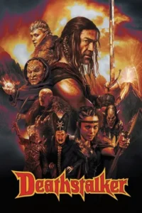 Pôster de fantasia épica. Guerreiro barbudo com espada, heroína e vários monstros/vilões contra um cenário vulcânico em chamas.