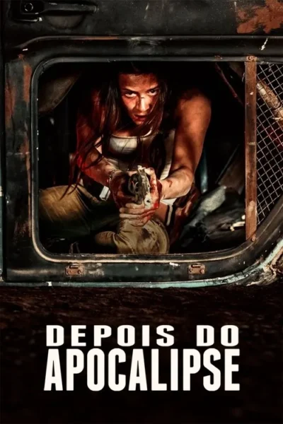 Mulher de cabelos longos, suja de sangue, mira uma pistola com intensidade de dentro de um veículo destruído. Clima sombrio.