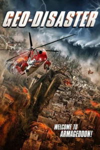 Um helicóptero vermelho voa em meio a uma cidade devastada,com prédios em chamas,fendas na terra e raios no céu tempestuoso.