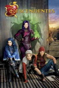 Quatro jovens com visuais coloridos e rebeldes em um telhado. Uma garota de roxo tem magia verde na mão. Fundo urbano sombrio com pôr do sol.