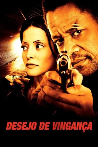 Um homem mira arma para frente, mulher assustada ao lado. Túnel com luz ao fundo. Pôster com tons quentes e clima de ação.