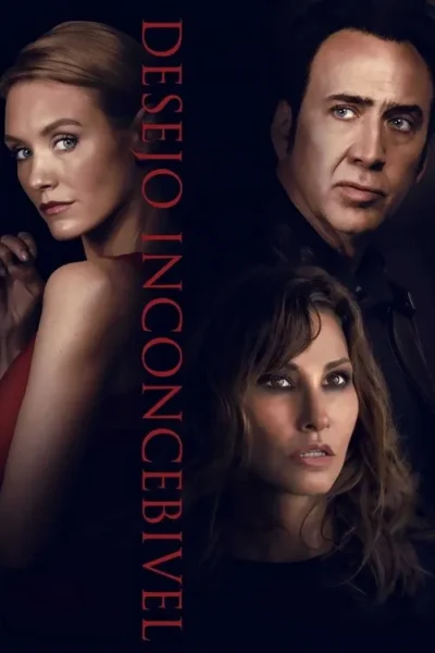 Três rostos em fundo escuro. Mulher loira à esquerda, homem de olhos claros à direita, e mulher morena abaixo. Clima dramático e tenso.