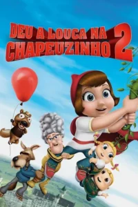Pôster animado. Jovem de capuz vermelho,bebês,idosa,lobo e esquilo voam no céu sobre um castelo. Clima divertido e aventureiro.