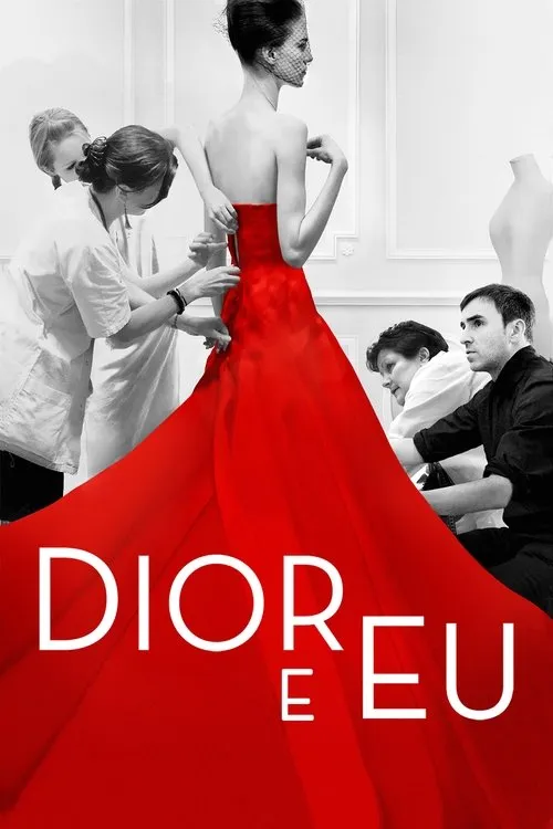 Dior e Eu 1 Mulher elegante de vestido vermelho vibrante sendo ajustado por assistentes em ateliê P&B. Cena de alta costura e dedicação.