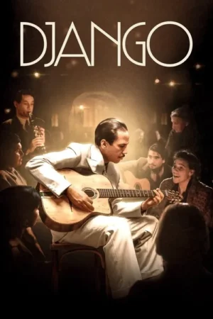 Um guitarrista principal em terno branco toca em ambiente intimista, com outros músicos e público atentos, sob luzes quentes.