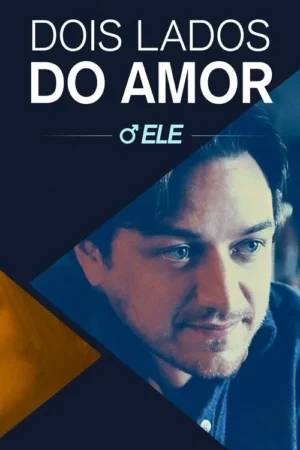 Um homem de olhos azuis e barba rala em um pôster com fundo dividido. Ele olha pensativo. Predominam tons de azul escuro e dourado.