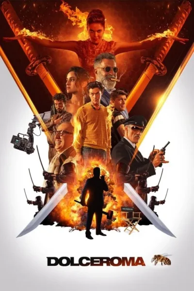 Mulher em chamas no topo, figuras diversas, espadas e explosões. Pôster de ação intenso e misterioso com fundo laranja.