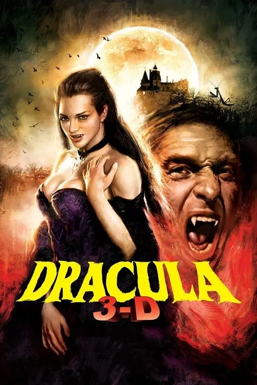 Pôster de horror: Mulher vampira sedutora e homem vampiro feroz. Ao fundo, castelo gótico sob lua cheia e morcegos. Clima sombrio.