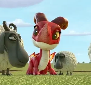 Um dragão vermelho animado e fofo entre ovelhas com expressões cômicas em um campo verde ensolarado.