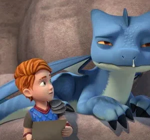 Garoto ruivo com mapa olha preocupado para um dragão azul doente com nariz escorrendo, deitado numa caverna rochosa.