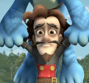 Homem de bigode e barba, visivelmente assustado, é segurado no ar pela mão de um grande monstro azul peludo. Cenário de floresta e céu.