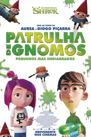 Pôster animado com garota de cabelo roxo, garoto de óculos e pequenos gnomos. Gosma verde espalhada cria um clima divertido e caótico.