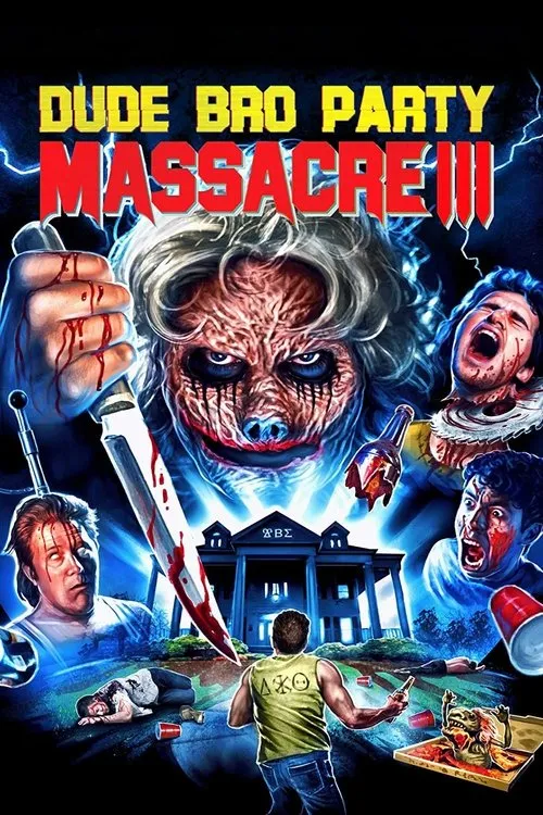 Dude Bro Party Massacre III 1 Pôster de terror:criatura bizarra de cabelo grisalho com faca ensanguentada persegue jovens em frente a uma mansão. Sangue e pânico.