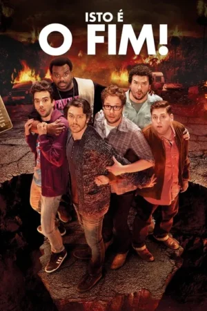 Seis homens apavorados se agrupam em um chão rachado, com fogo e destruição ao fundo. Clima caótico e cômico.