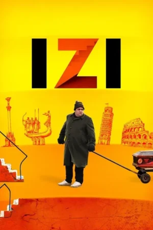 Pôster vibrante: um homem de casaco puxa um caixão num cenário surreal com monumentos italianos e escadas quebradas.