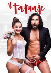 Mulher sorridente em lingerie de noiva e homem chocado de blazer aberto/cueca, com tatuagens expostas. Fundo urbano. Humor picante.
