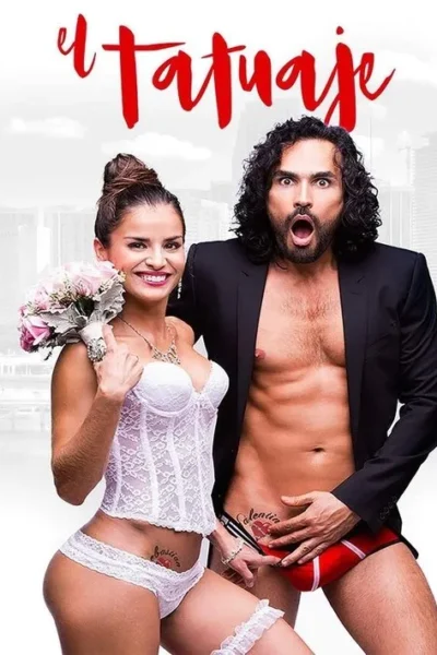 Mulher sorridente em lingerie de noiva e homem chocado de blazer aberto/cueca, com tatuagens expostas. Fundo urbano. Humor picante.