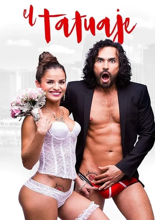 Mulher sorridente em lingerie de noiva e homem chocado de blazer aberto/cueca, com tatuagens expostas. Fundo urbano. Humor picante.