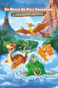 Desenho animado:dinossauros felizes nadando em rio agitado. Dois pterodáctilos voam. Vulcão e montanhas no cenário verde. Aventura alegre.
