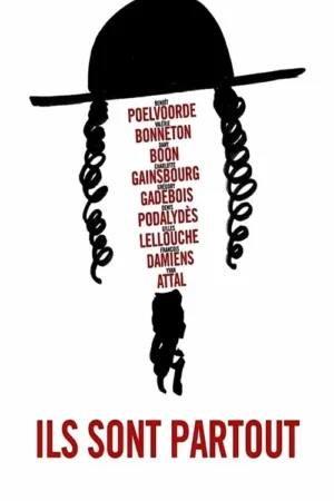 Pôster minimalista: Silhueta preta de homem com chapéu e cachos religiosos, feita de nomes em vermelho. Pequena figura agachada na base. Fundo branco.