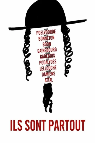 Pôster minimalista: Silhueta preta de homem com chapéu e cachos religiosos, feita de nomes em vermelho. Pequena figura agachada na base. Fundo branco.